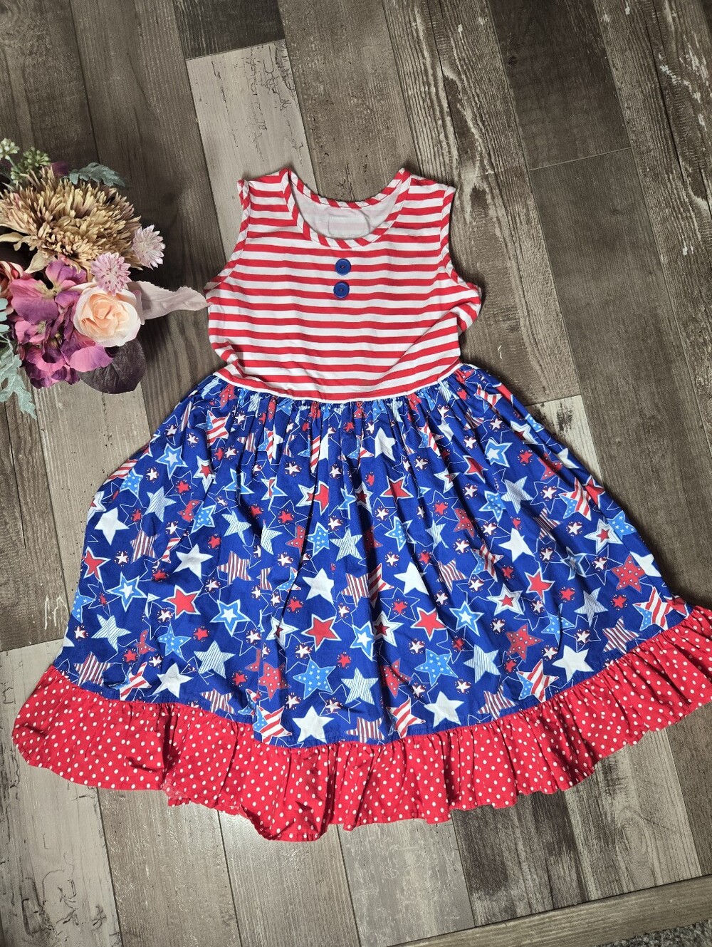 Eleanor Rose Red, White & Blue Star Stripe Sleeveless Dress – Size 8–10 Girls
